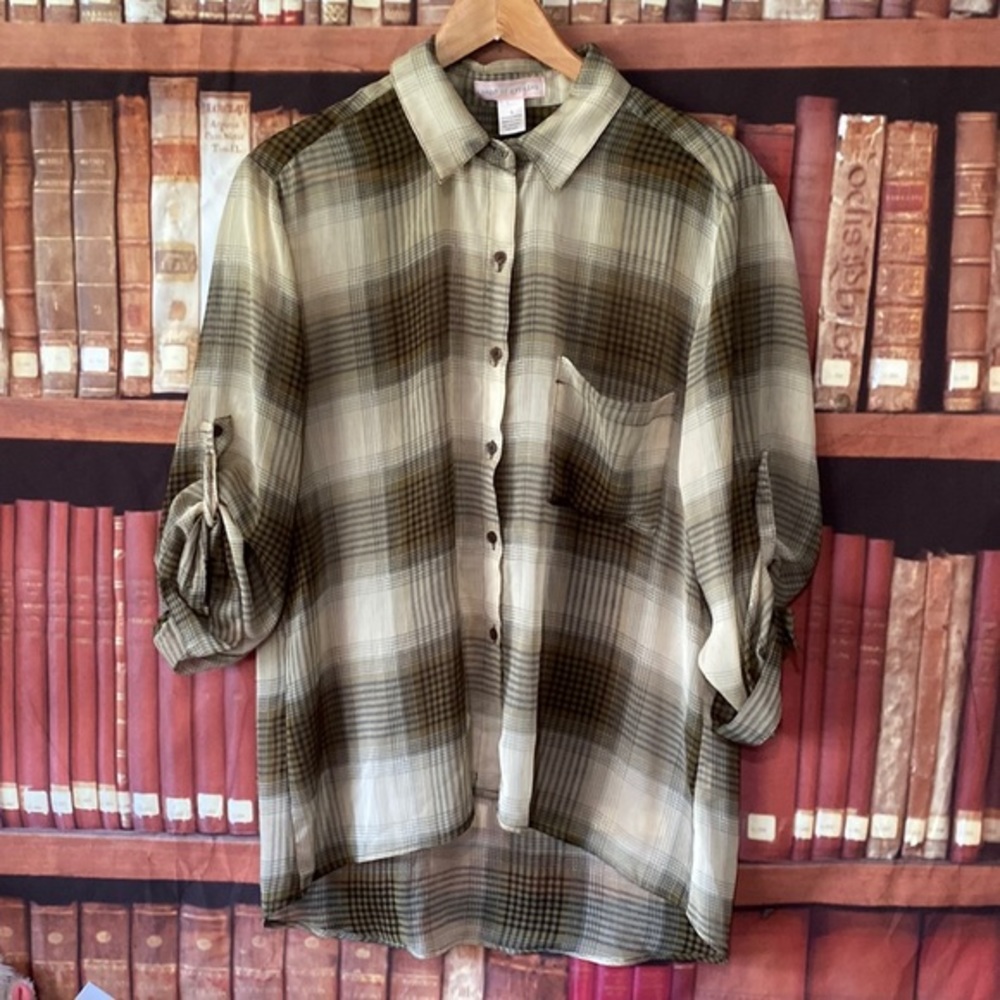 Band of Gypsies sheer plaid roll sleeve tan sleeve button down shirt top